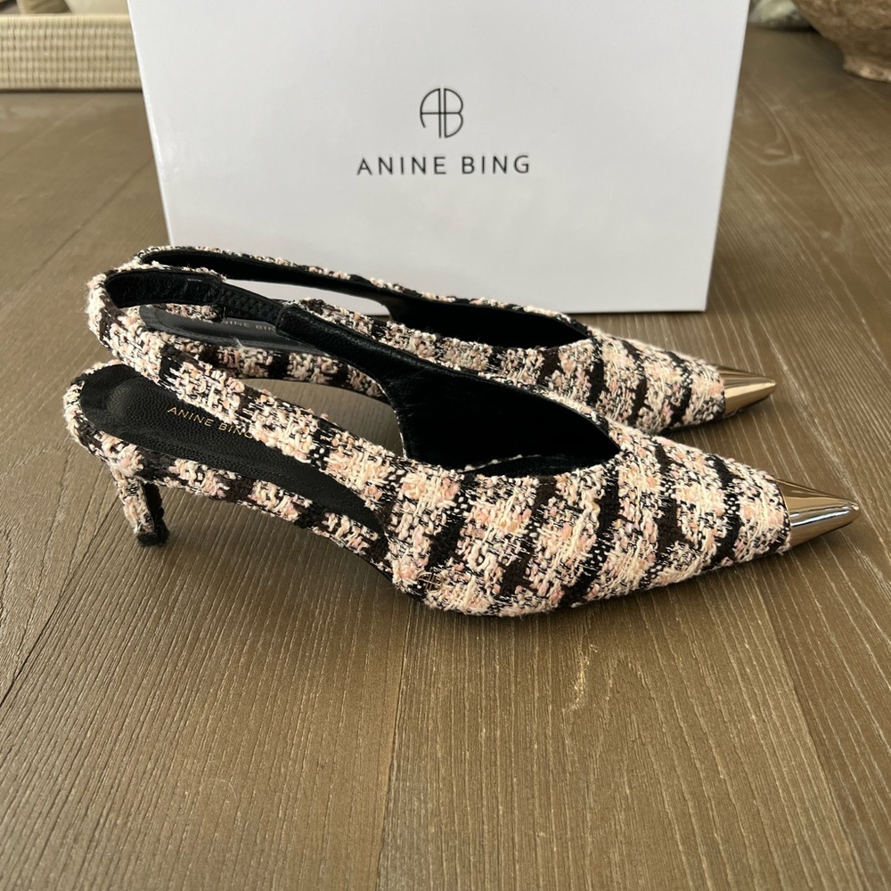 Anine Bing Nina Slingback Heels with Metal Toe in Black/Cream/Apricot Tweed - Picture 4 of 11